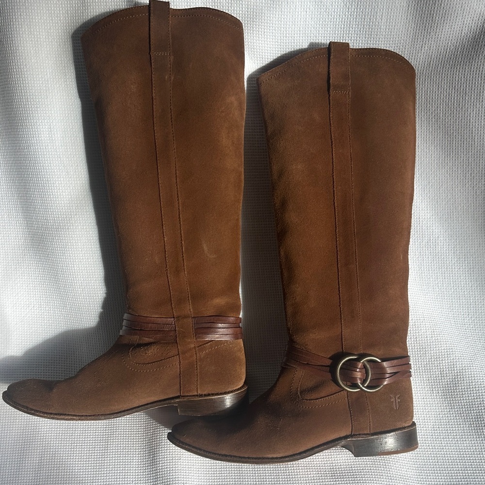 Frye Brown Suede Women’s Knee High Riding Boots Sz 8.5 Leather Brass Details